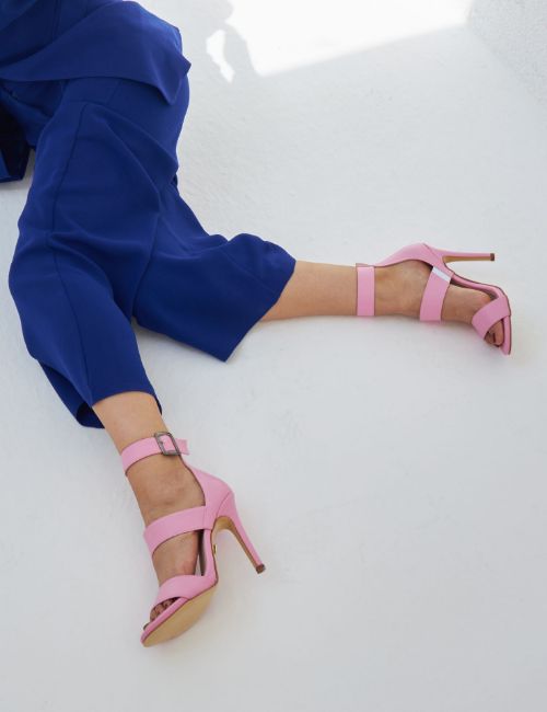 Florina Üç Bantlı İnce Topuk 10 Cm Pembe Mat Topuklu Ayakkabı resmi