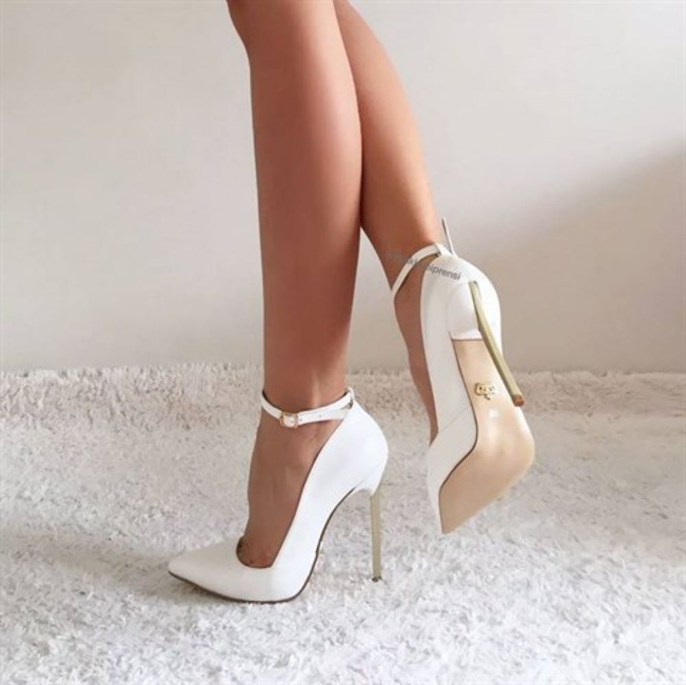 Bluma Bilekten Bantlı İnce Topuk 10 Cm Beyaz Mat Stiletto resmi
