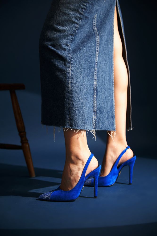 Jen Taş Detaylı İnce Topuk 10 Cm Saks Süet Stiletto resmi