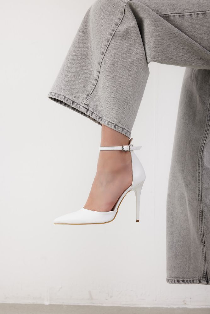 Lesley Bilekten Bantlı İnce Topuk 10 Cm Beyaz Mat Stiletto resmi