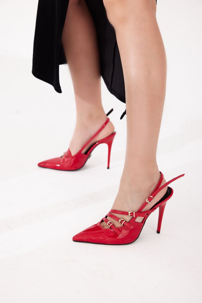 Ciza Üç Bantlı Toka Detaylı İnce Topuk 10 Cm Kırmızı Rugan Stiletto resmi