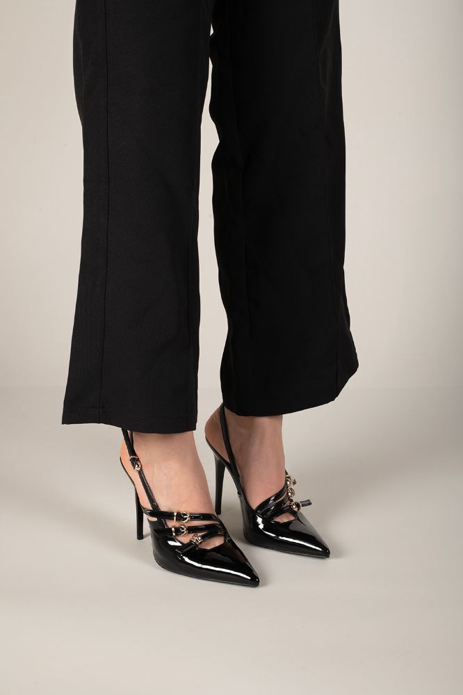 Ciza Üç Bantlı Toka Detaylı İnce Topuk 10 Cm Siyah Rugan Stiletto resmi