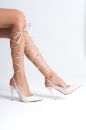 3503 Bilekten Bağcıklı İnce Topuk 8 Cm Pudra Rugan Stiletto