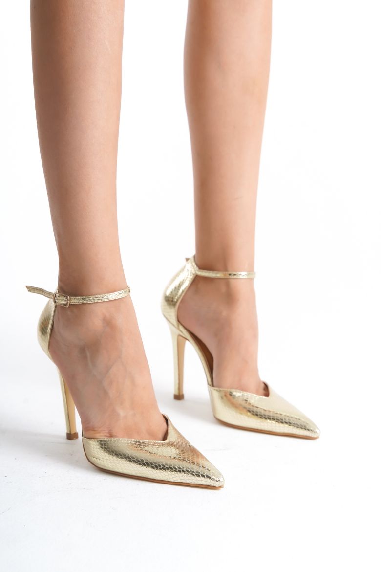 3528 Bilekten Bantlı İnce Topuk 10 Cm Light Altın Yılan Desenli Stiletto resmi