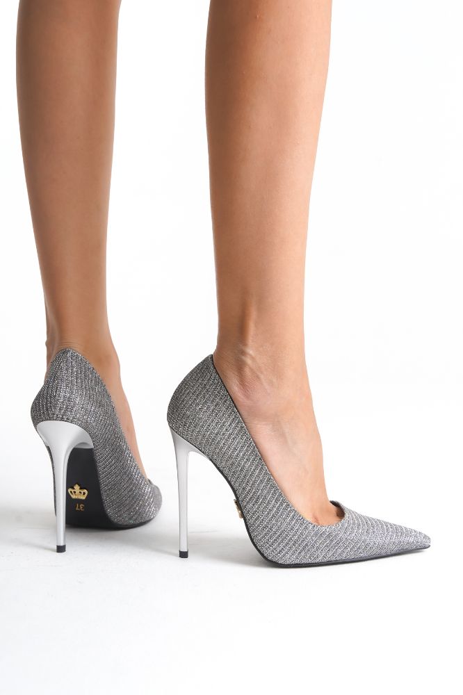 3555 İnce Topuk 10 Cm Gümüş Simli Stiletto resmi