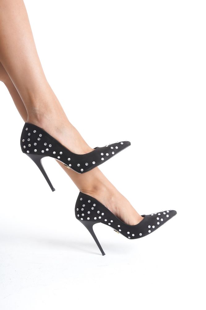 3559 Taş Detaylı İnce Topuk 10 Cm Siyah Süet Stiletto resmi