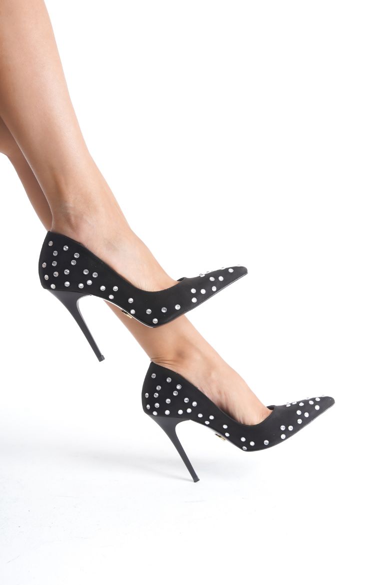 3559 Taş Detaylı İnce Topuk 10 Cm Siyah Süet Stiletto resmi