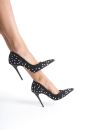 3559 Taş Detaylı İnce Topuk 10 Cm Siyah Süet Stiletto