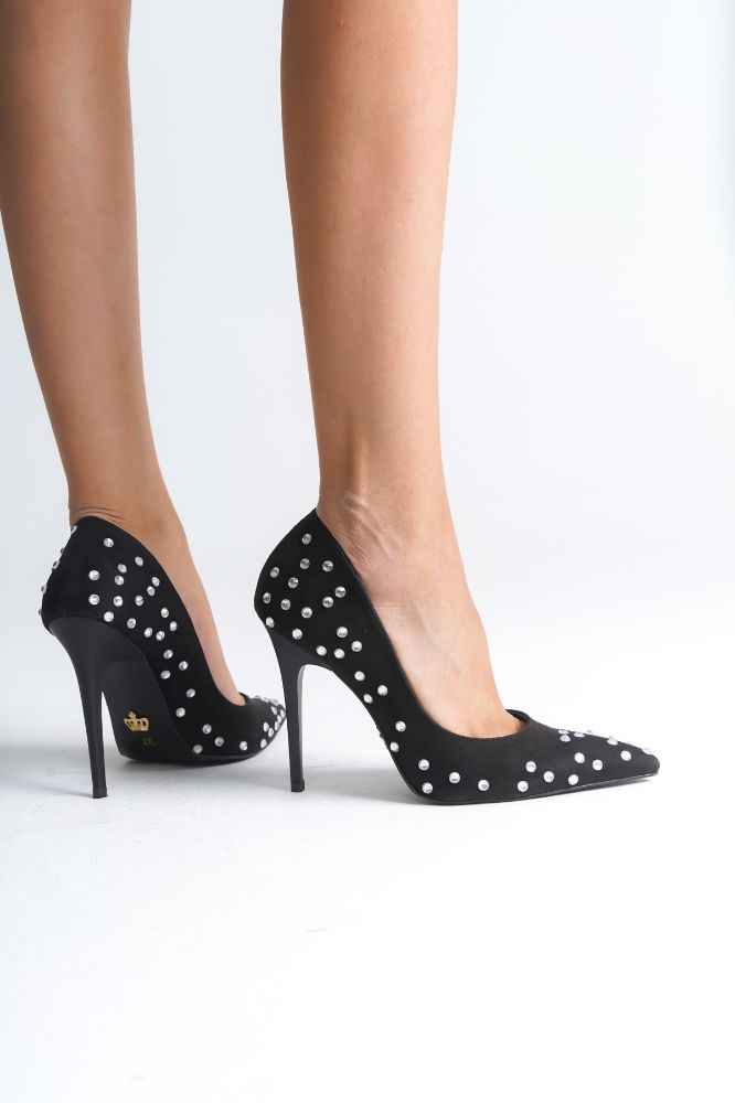 3559 Taş Detaylı İnce Topuk 10 Cm Siyah Süet Stiletto resmi