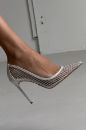 Romy Taş Detaylı Fileli İnce Topuk 10 Cm Beyaz Rugan Stiletto