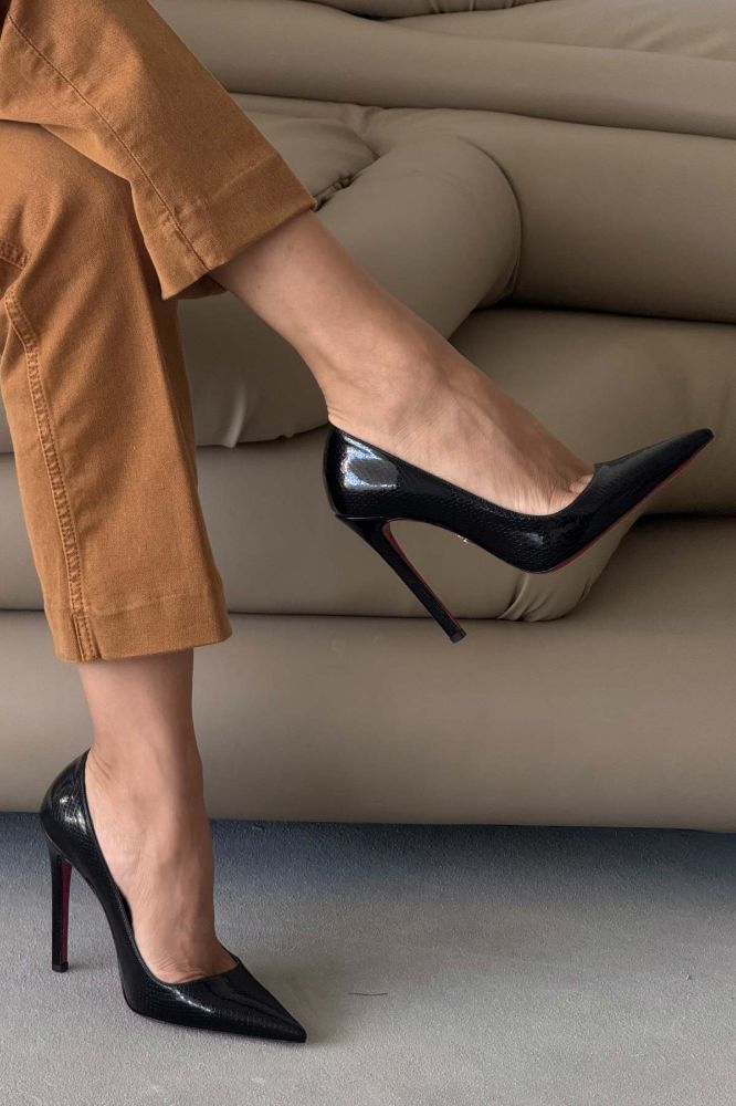 Fia İnce Topuk 12 Cm Siyah Yılan Desenli Stiletto resmi