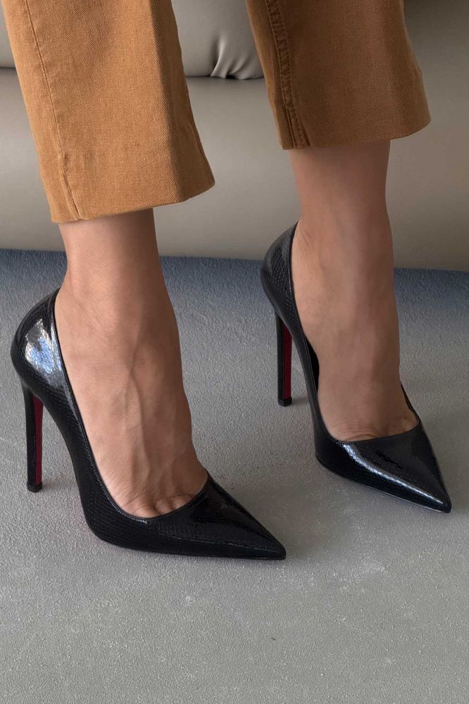 Fia İnce Topuk 12 Cm Siyah Yılan Desenli Stiletto resmi