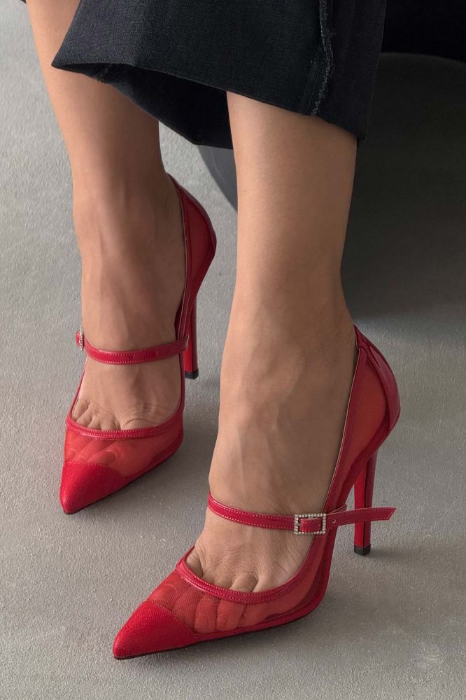 Mona Taşlı Toka Detaylı İnce Topuk 10 Cm Kırmızı Tül Stiletto resmi