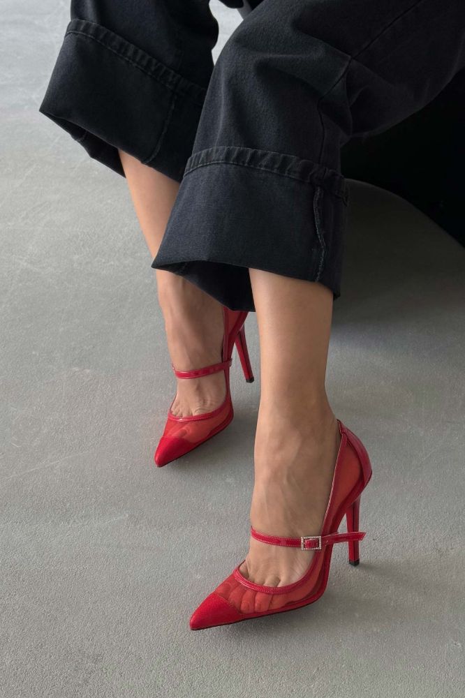 Mona Taşlı Toka Detaylı İnce Topuk 10 Cm Kırmızı Tül Stiletto resmi