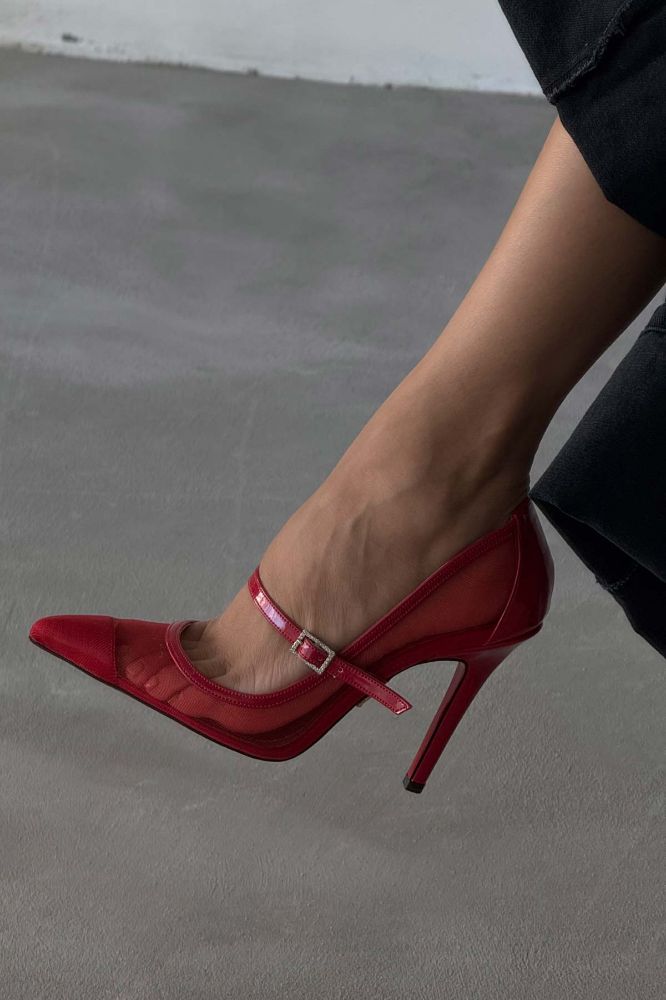 Mona Taşlı Toka Detaylı İnce Topuk 10 Cm Kırmızı Tül Stiletto resmi
