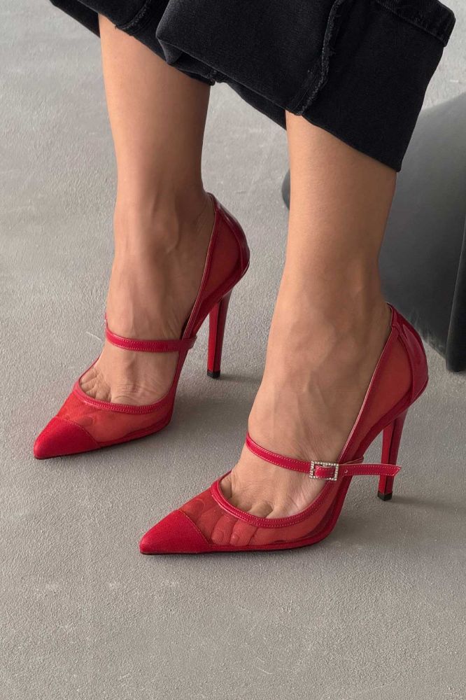 Mona Taşlı Toka Detaylı İnce Topuk 10 Cm Kırmızı Tül Stiletto resmi