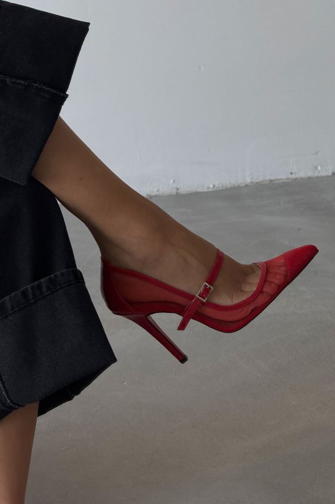 Mona Taşlı Toka Detaylı İnce Topuk 10 Cm Kırmızı Tül Stiletto resmi