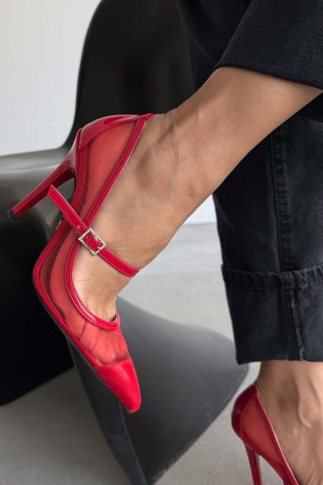 Mona Taşlı Toka Detaylı İnce Topuk 10 Cm Kırmızı Tül Stiletto resmi