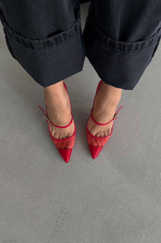 Mona Taşlı Toka Detaylı İnce Topuk 10 Cm Kırmızı Tül Stiletto resmi