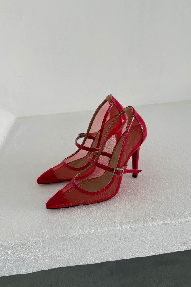Mona Taşlı Toka Detaylı İnce Topuk 10 Cm Kırmızı Tül Stiletto resmi