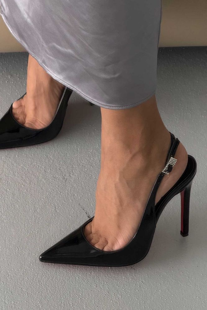 Awed Taşlı Toka Detaylı İnce Topuk 12 Cm Siyah Rugan Stiletto resmi