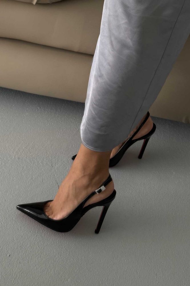 Awed Taşlı Toka Detaylı İnce Topuk 12 Cm Siyah Rugan Stiletto resmi