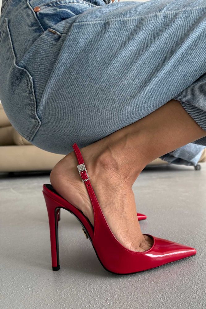 Awed Taşlı Toka Detaylı İnce Topuk 12 Cm Kırmızı Rugan Stiletto resmi