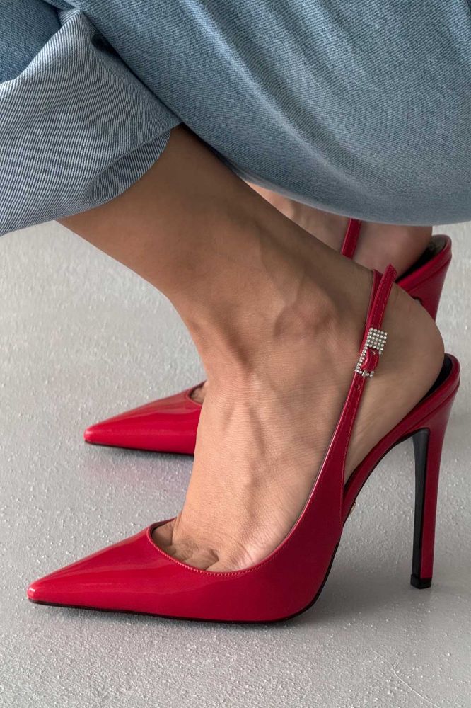 Awed Taşlı Toka Detaylı İnce Topuk 12 Cm Kırmızı Rugan Stiletto resmi