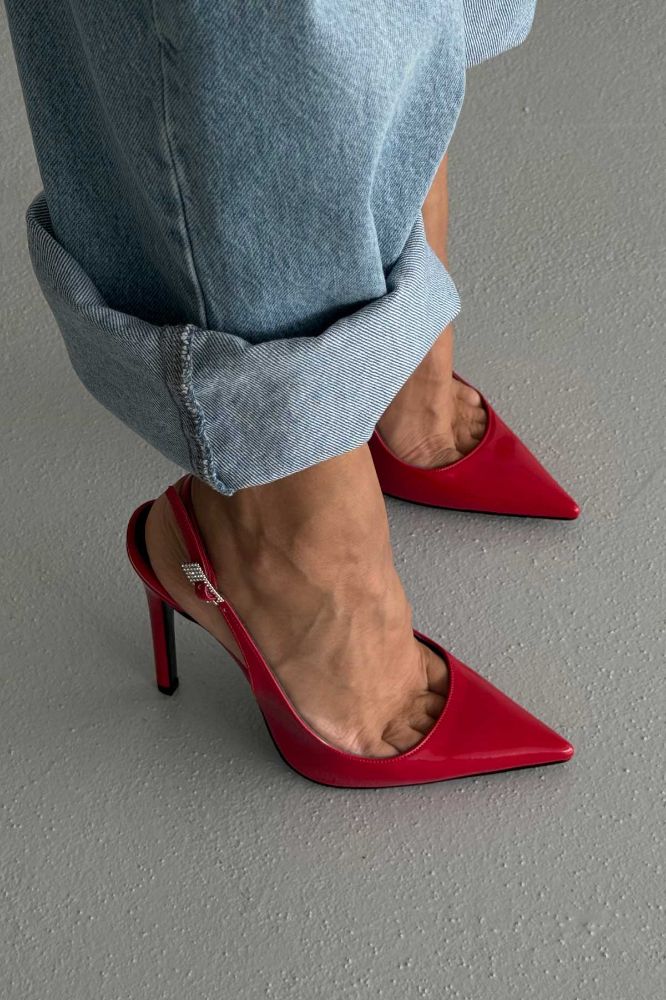 Awed Taşlı Toka Detaylı İnce Topuk 12 Cm Kırmızı Rugan Stiletto resmi