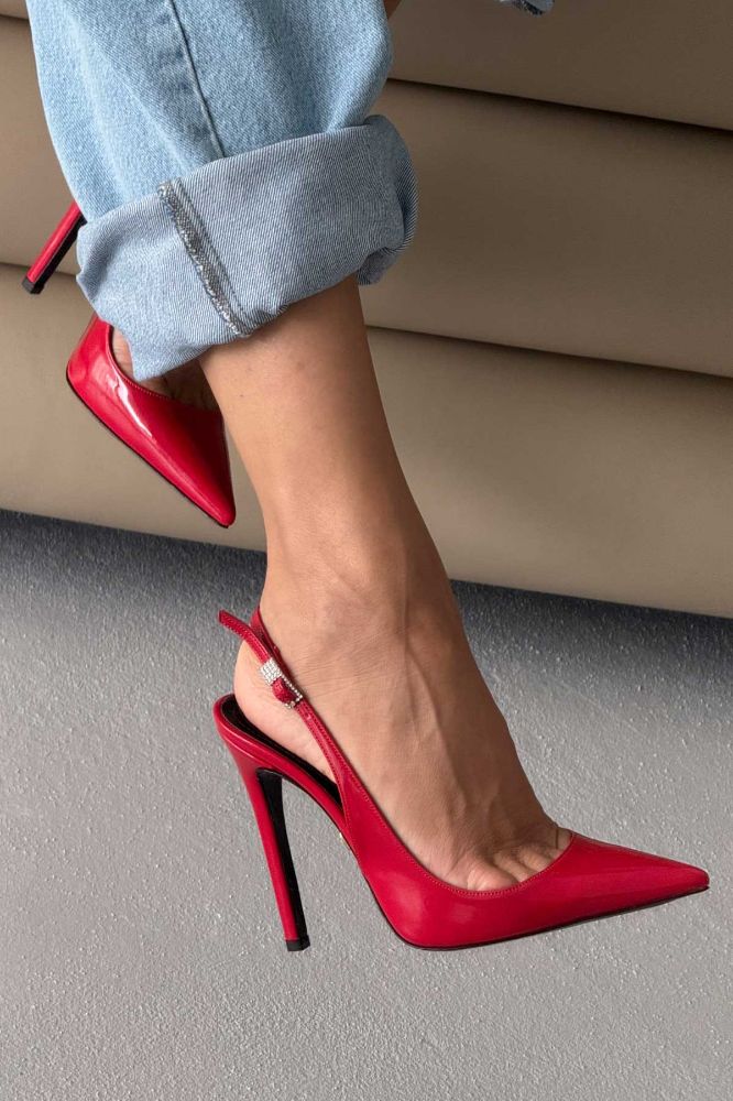Awed Taşlı Toka Detaylı İnce Topuk 12 Cm Kırmızı Rugan Stiletto resmi