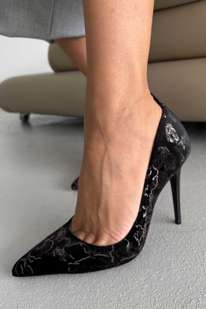 Nadja İnce Topuk 10 Cm Siyah Nakış Desenli Stiletto resmi