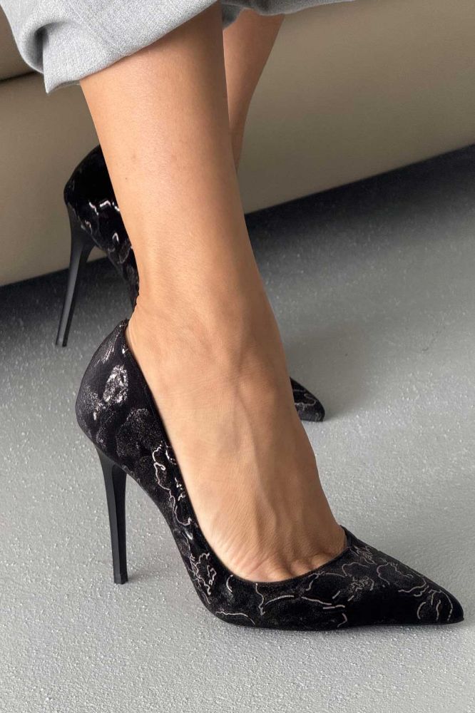 Nadja İnce Topuk 10 Cm Siyah Nakış Desenli Stiletto resmi