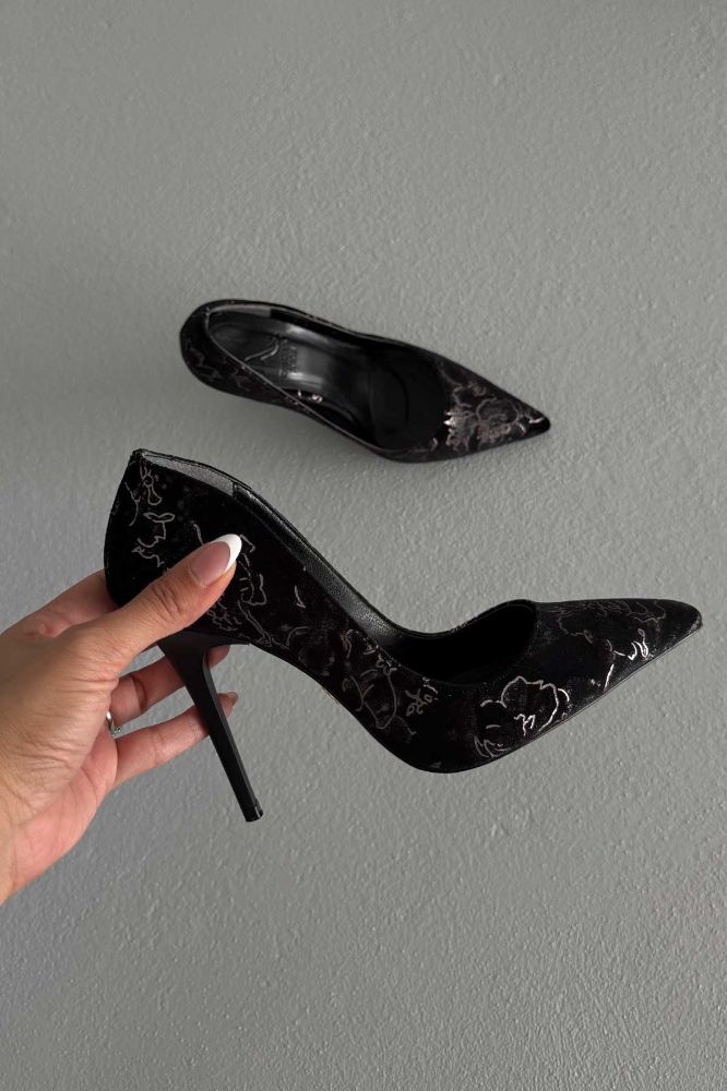 Nadja İnce Topuk 10 Cm Siyah Nakış Desenli Stiletto resmi