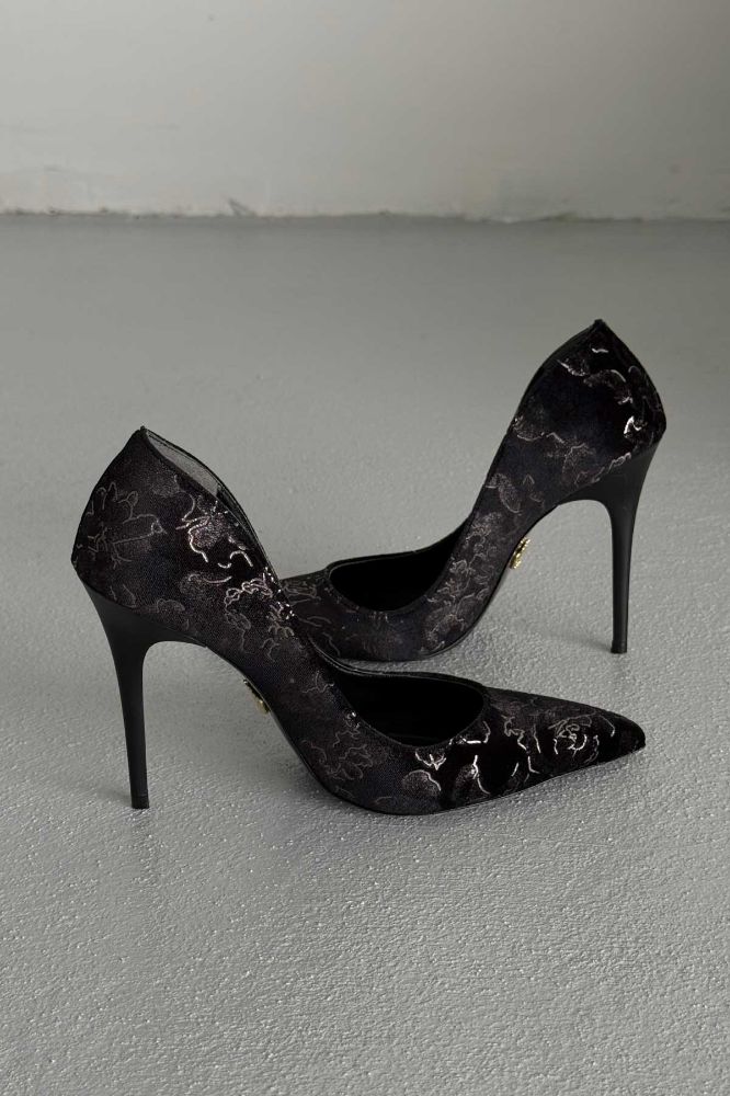 Nadja İnce Topuk 10 Cm Siyah Nakış Desenli Stiletto resmi
