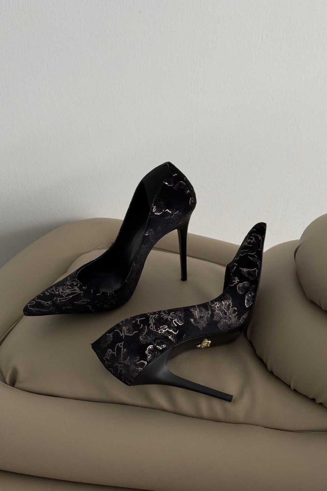 Nadja İnce Topuk 10 Cm Siyah Nakış Desenli Stiletto resmi