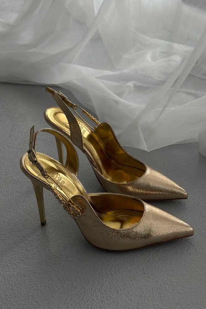 Brooch Aksesuar Detaylı İnce Topuk 10 Cm Gold Stiletto resmi