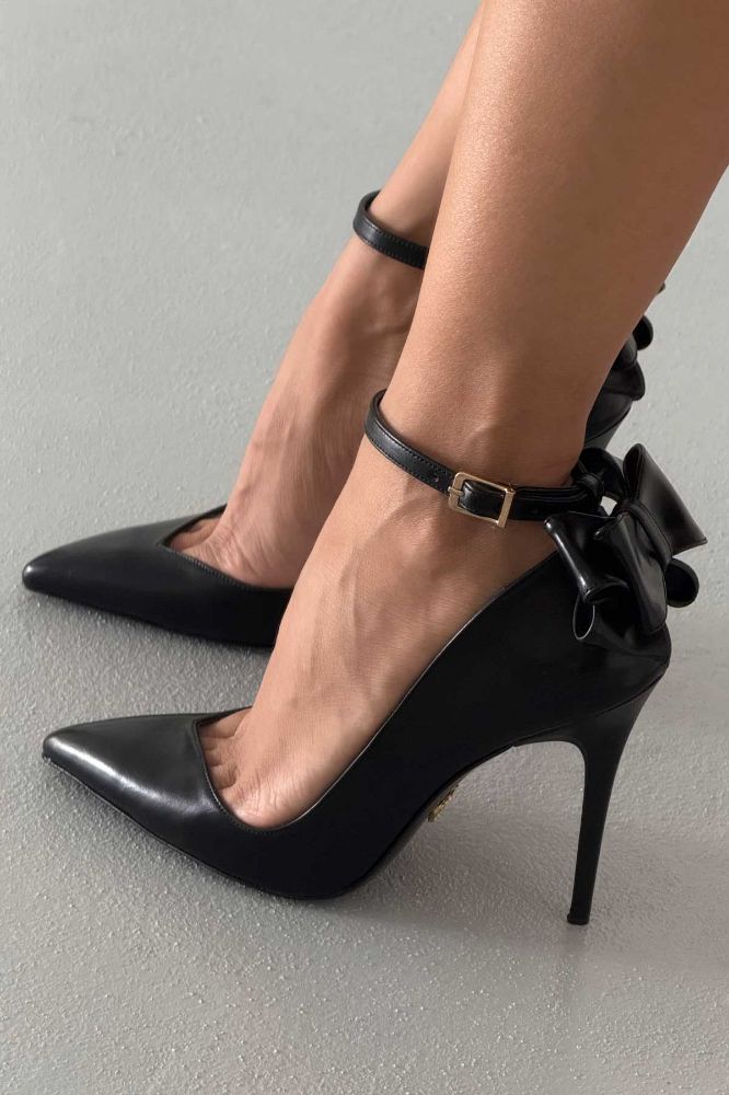 Damia Bilekten Bantlı Papyon Detaylı İnce Topuk 10 Cm Siyah Mat Stiletto resmi
