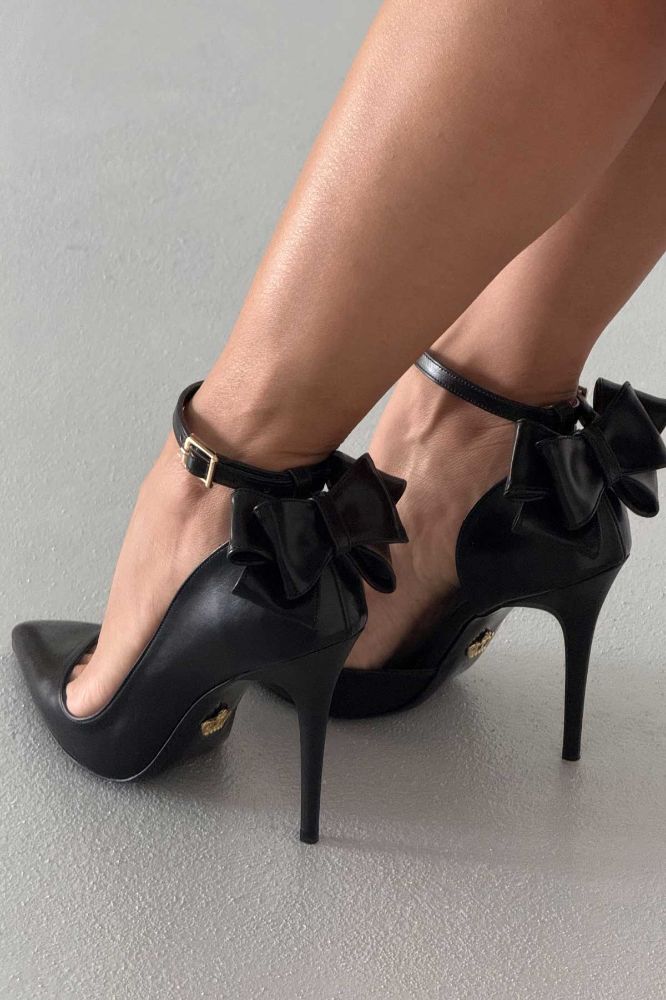 Damia Bilekten Bantlı Papyon Detaylı İnce Topuk 10 Cm Siyah Mat Stiletto resmi