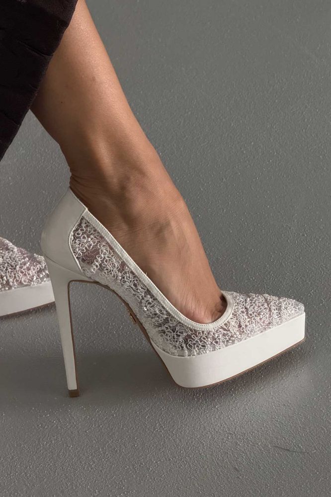 Riet İnce Topuk 13 Cm Beyaz Dantelli Platform resmi