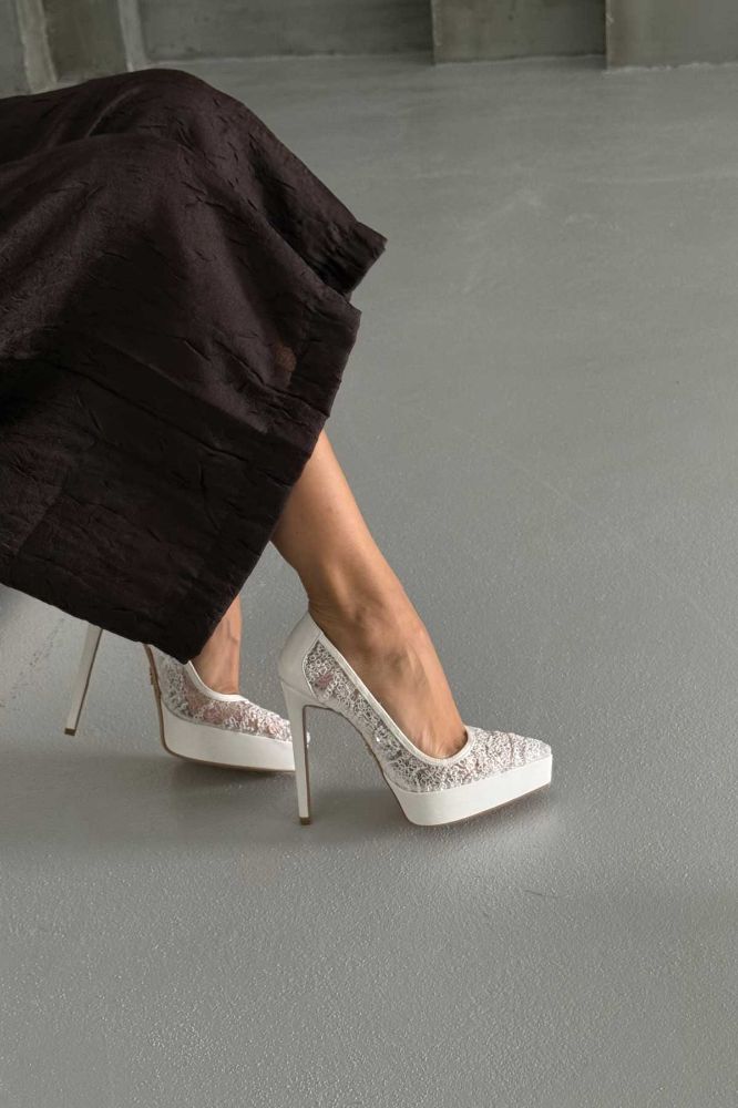 Riet İnce Topuk 13 Cm Beyaz Dantelli Platform resmi