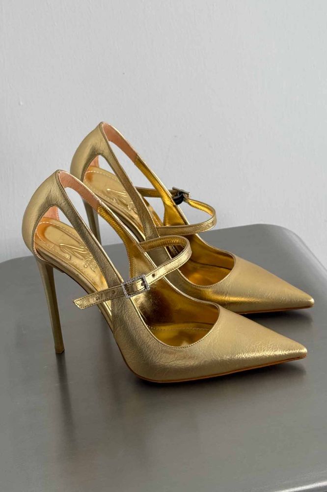 Leida Taşlı Toka Detaylı İnce Topuk 12 Cm Gold Kırışık Stiletto resmi