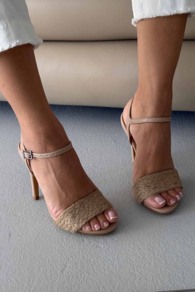 Tease Örgülü İnce Topuk 10 Cm Krem Topuklu Ayakkabı resmi