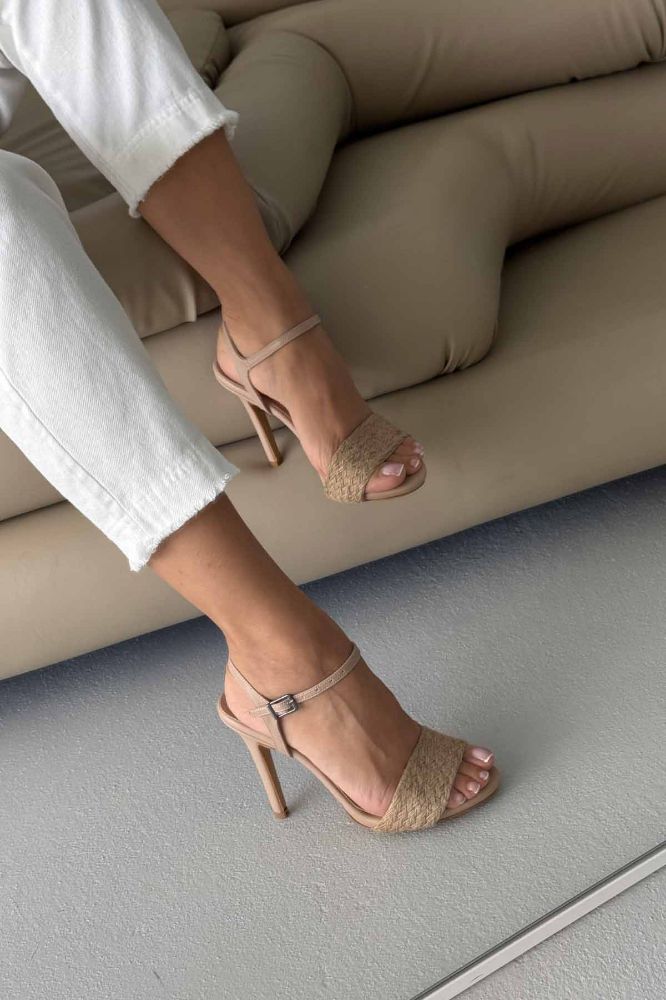 Tease Örgülü İnce Topuk 10 Cm Krem Topuklu Ayakkabı resmi