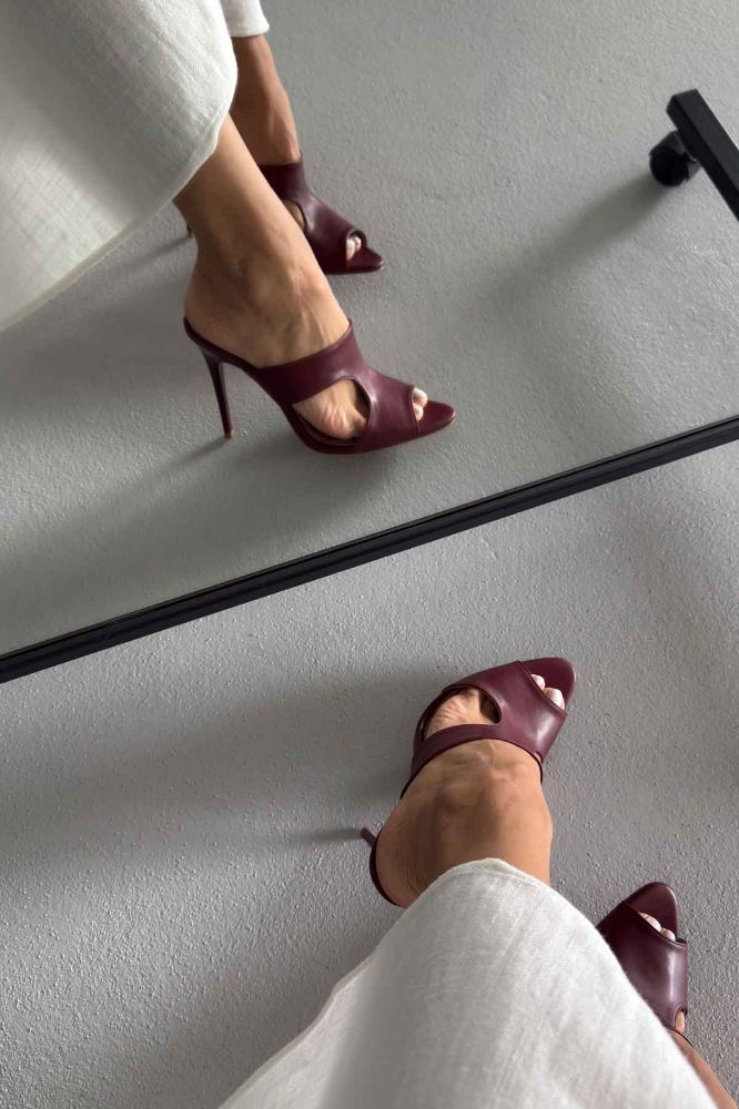 Trey İnce Topuk 10 Cm Bordo Mat Terlik resmi