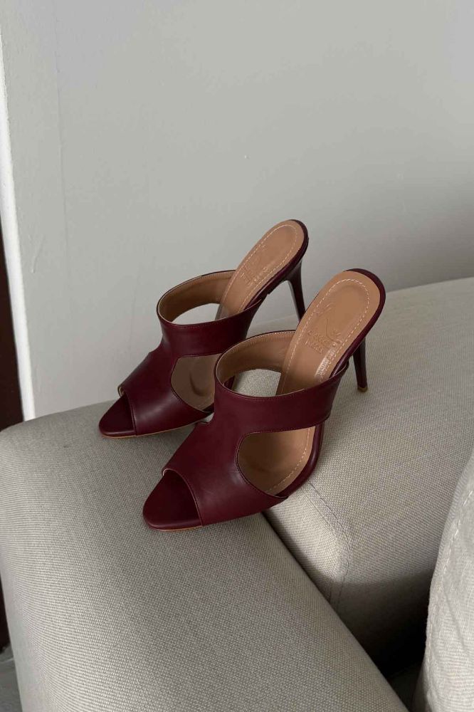 Trey İnce Topuk 10 Cm Bordo Mat Terlik resmi