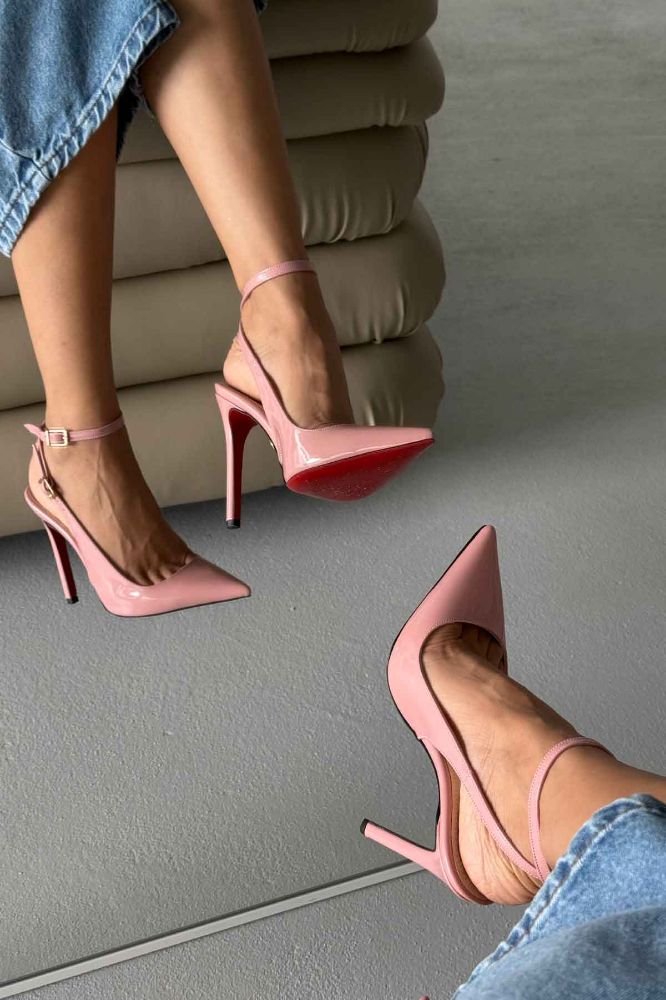 Zion Toka Detaylı İnce Topuk 12 Cm Pudra Rugan Stiletto resmi