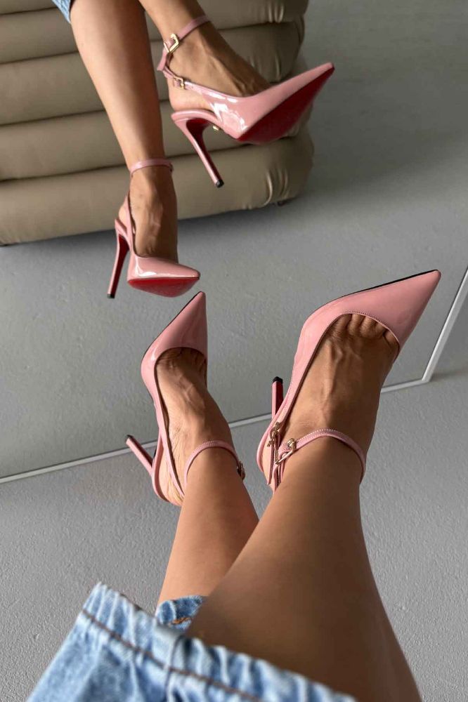 Zion Toka Detaylı İnce Topuk 12 Cm Pudra Rugan Stiletto resmi