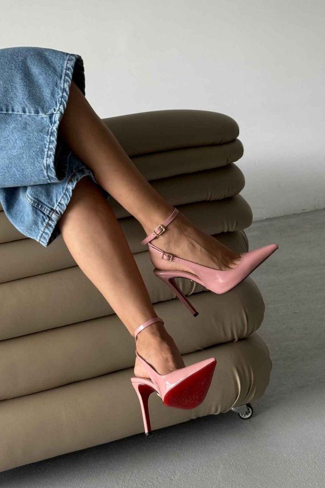 Zion Toka Detaylı İnce Topuk 12 Cm Pudra Rugan Stiletto resmi