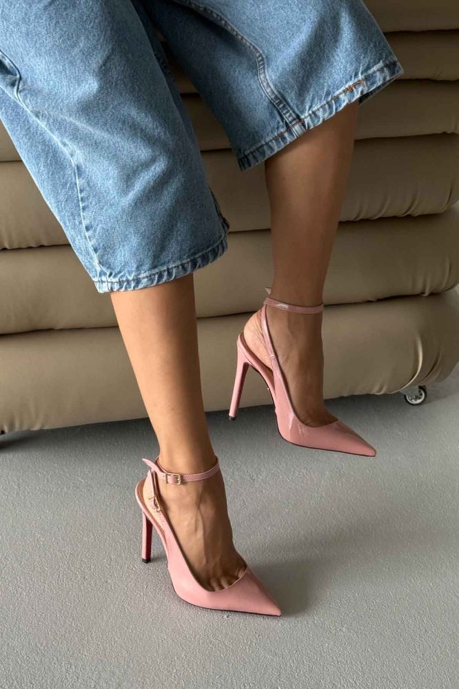 Zion Toka Detaylı İnce Topuk 12 Cm Pudra Rugan Stiletto resmi