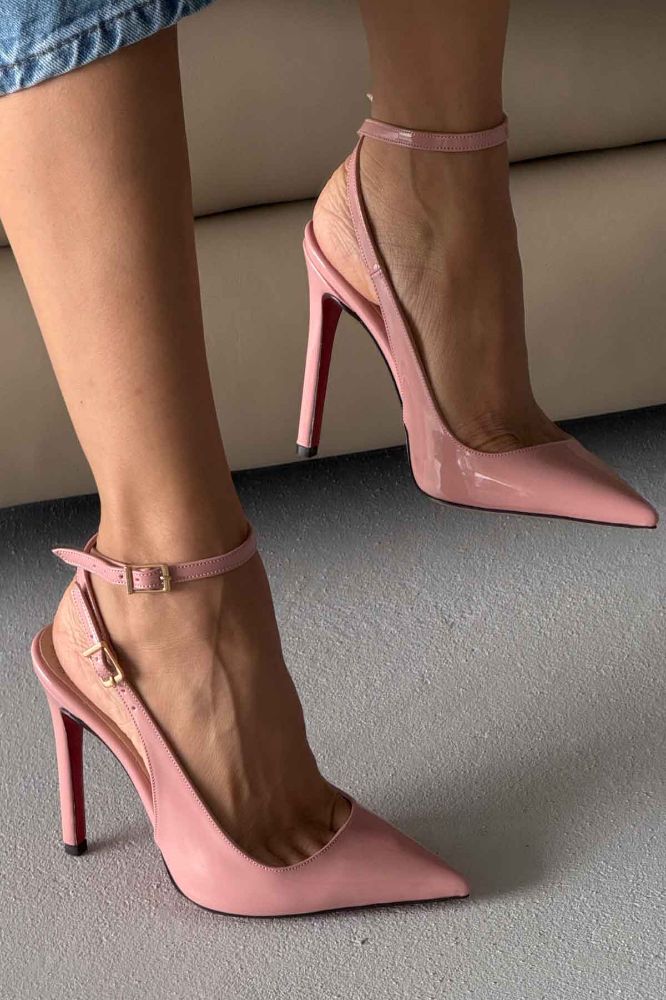 Zion Toka Detaylı İnce Topuk 12 Cm Pudra Rugan Stiletto resmi